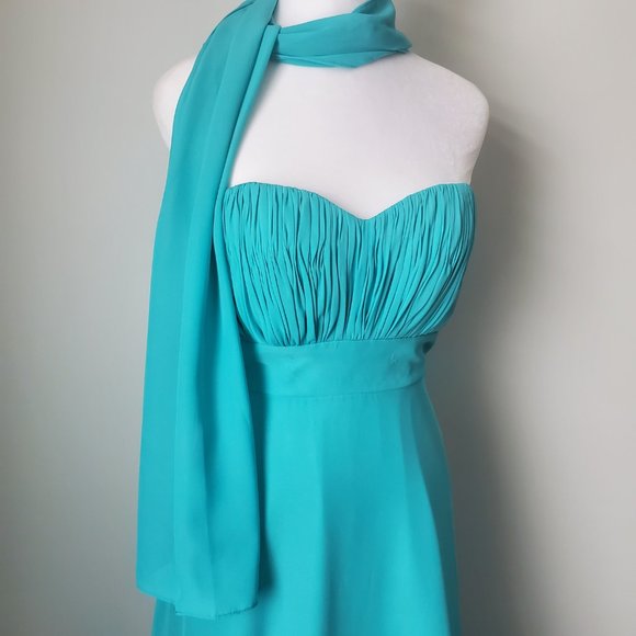 Pretty Teal Green Strapless Long Flared Prom Gown Dress Pleated Bodice shawl - Picture 2 of 10